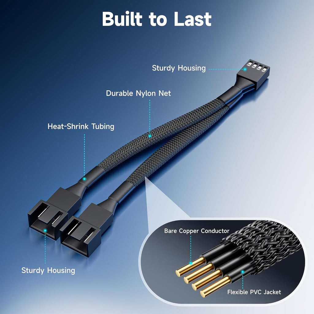 2-Pack 2 Way 4 Pin PWM Fan Splitter Cable - 4 Inches, PC Fan Splitter 1 to 2 Converter, PC PWM Extension Cable