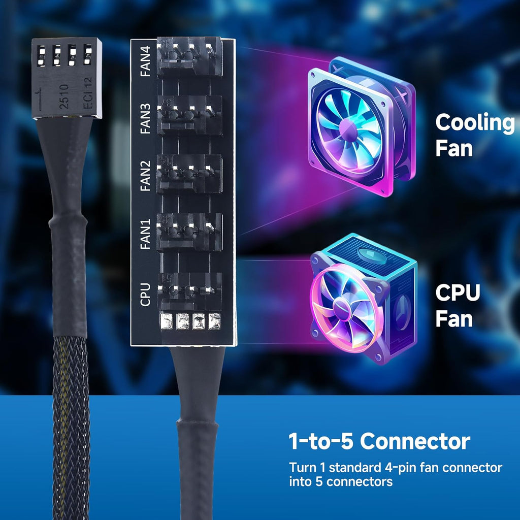 PC Case PWM Fan Hub, PC Fan Hub, 1-to-5 Way PWM Splitter with 16-Inch Cable