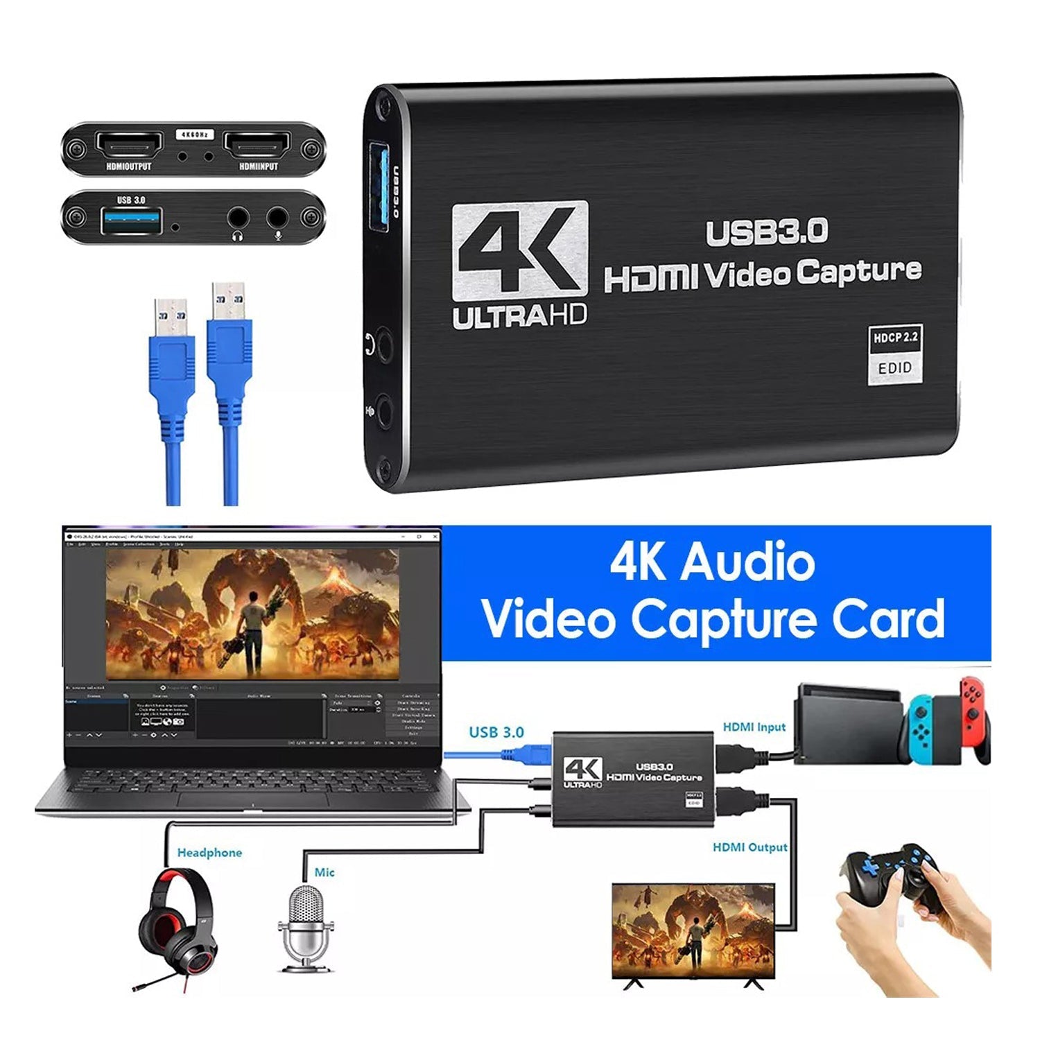 4K 1080P 60FPS HDMI to USB 3.0 Video Capture Card For PS4/PC/OBS Nintendo Switch