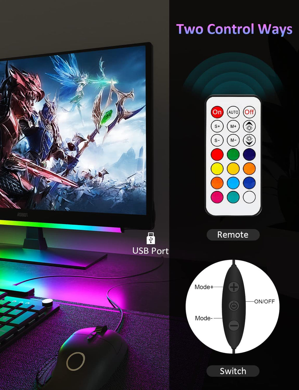 1 Piece RGB LED Gaming Light Bar - Dual Color Temperature & Adjustable RGB Effects, USB-Powered Backlight, Remote & Button Control, 30cm Lightweight Design