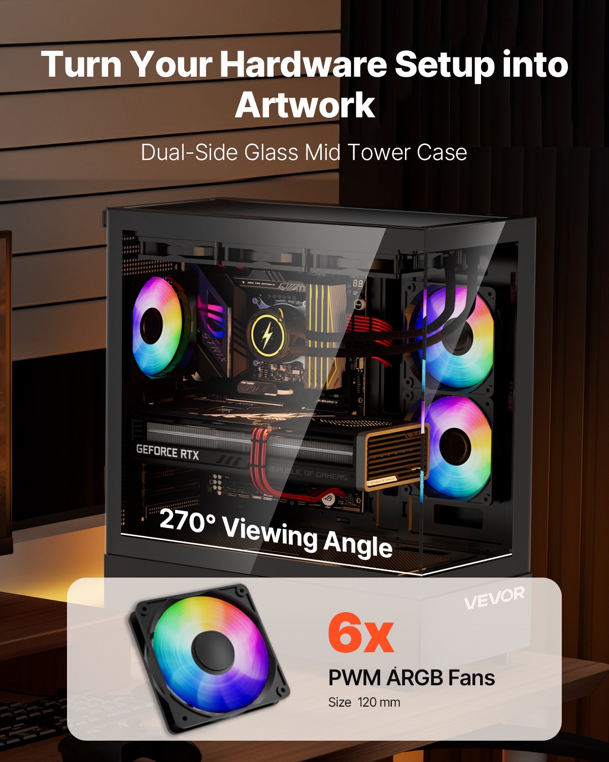 Mid-Tower ATX PC Gaming Case Computer Case with 6 x 120 mm PWM ARGB Fans