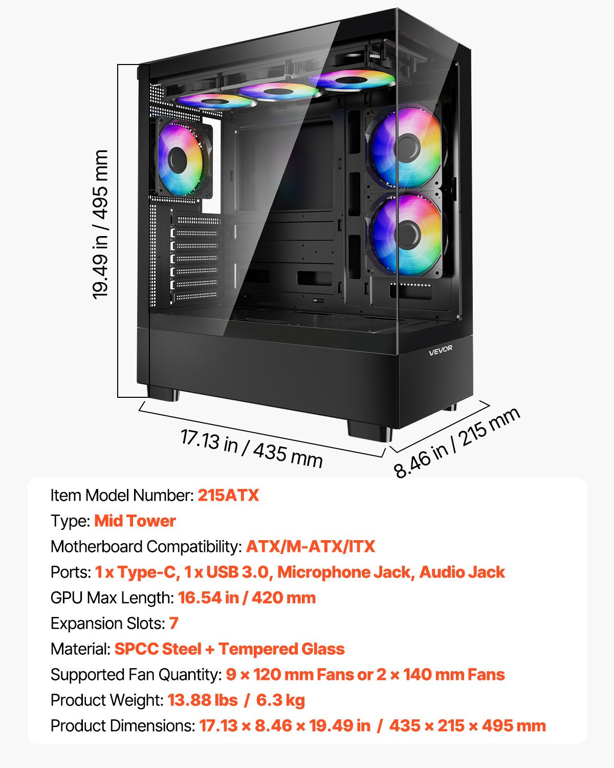 Mid-Tower ATX PC Gaming Case Computer Case with 6 x 120 mm PWM ARGB Fans