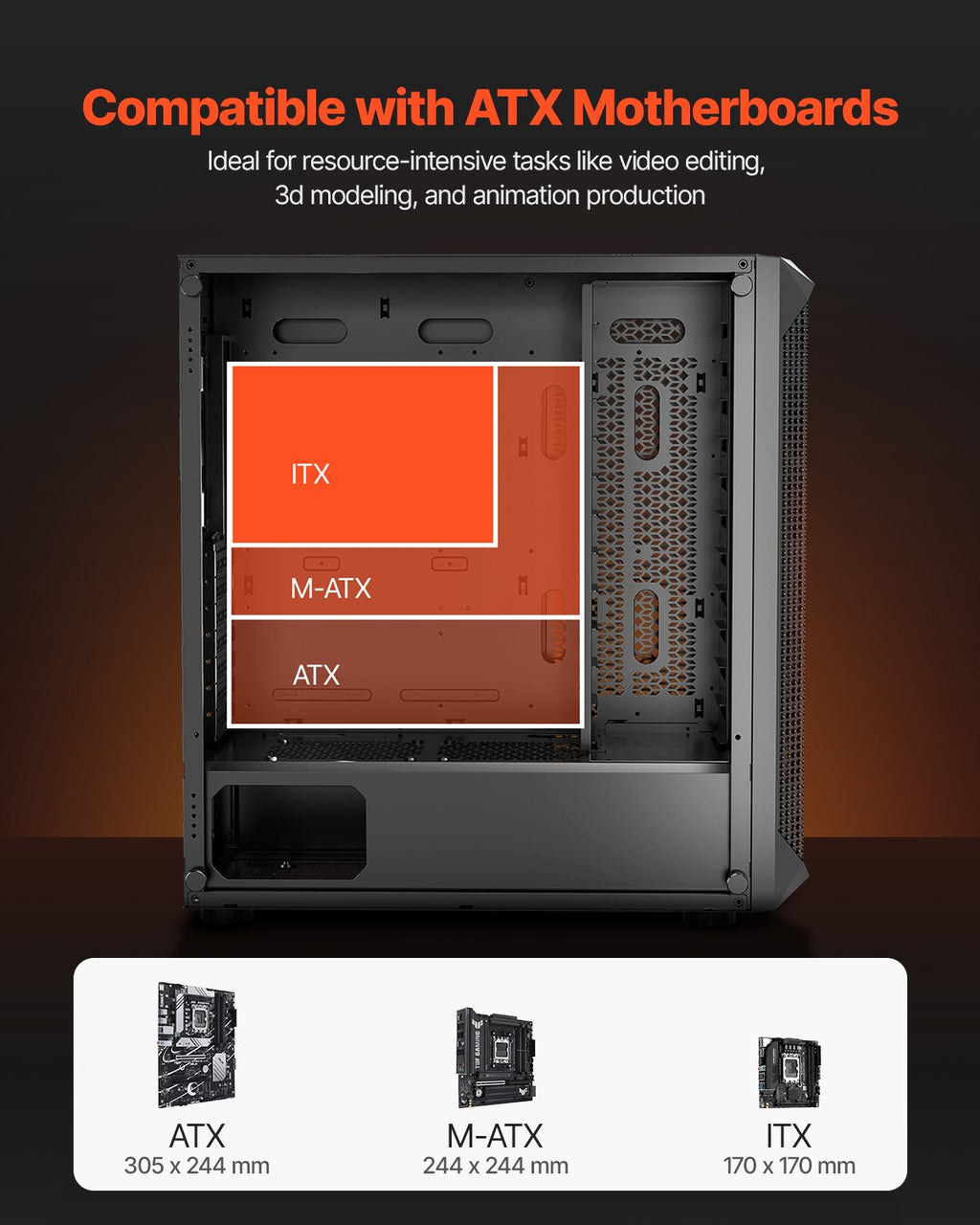 PC Gaming Case, Mid-Tower, Computer Case with High-Airflow Tempered Glass Panel, Dust Filter, 4 x 120 mm Fans, Cable Management, for GPU up to 270 mm in Length, Compatible with ATX/M-ATX/ITX